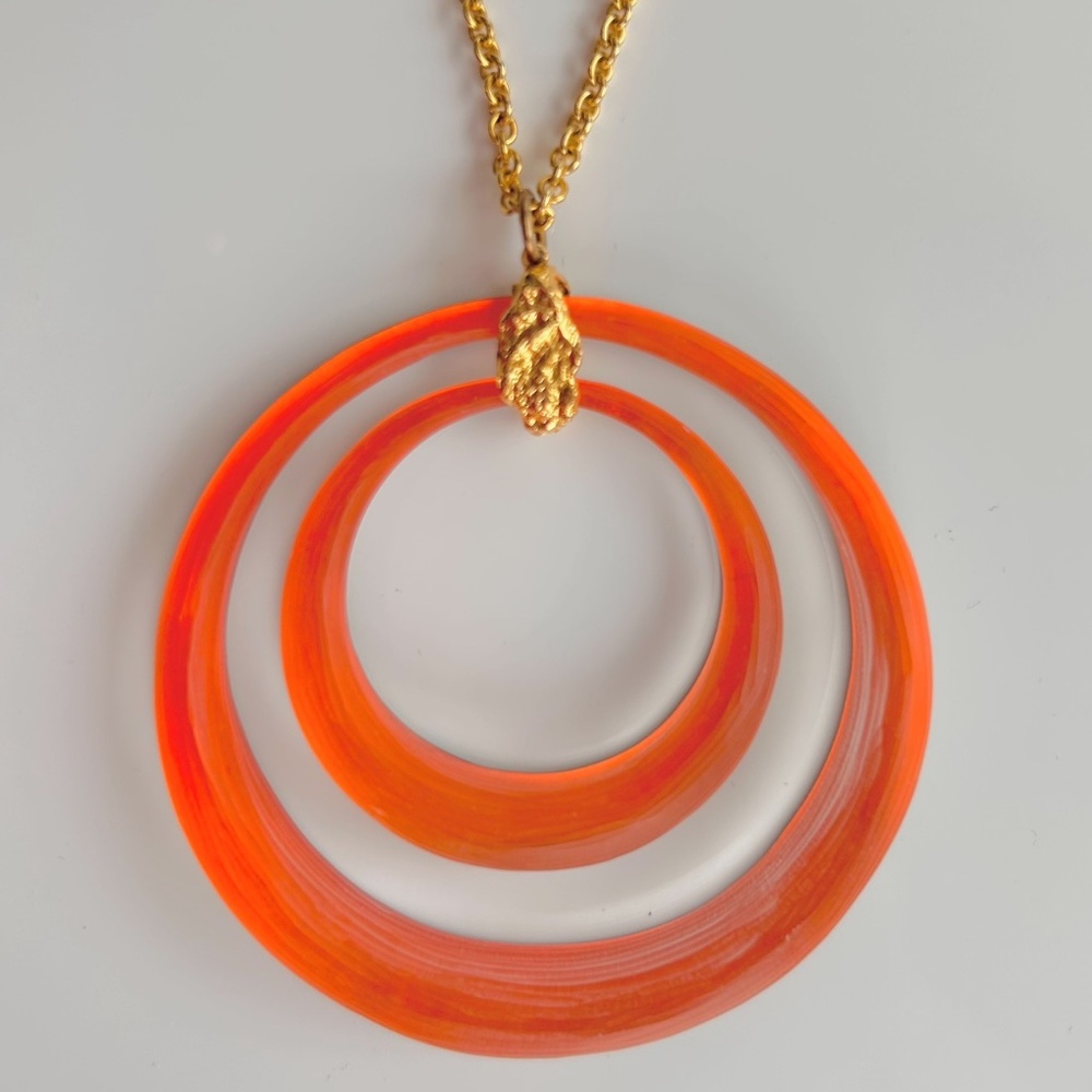 Alexis Bittar Luminous Orange Lucite Double Circle Pendant W/Gold Chain  NWOT